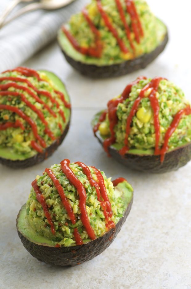 side view of chickpea stuffed avocados