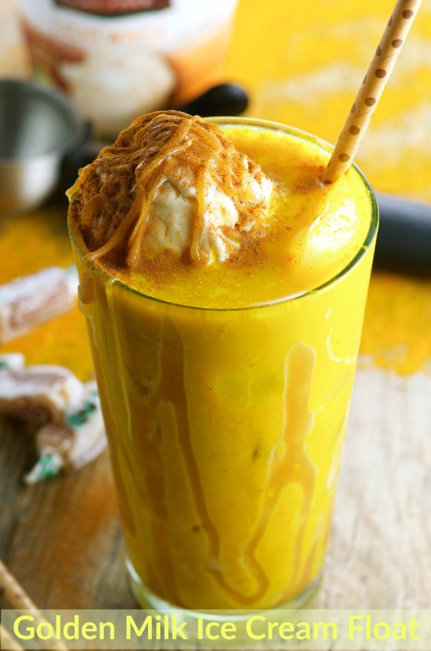 Enjoy all the health benefit of turmeric with this indulgent Golden Milk Ice Cream Float , topped with creamy cashew ice cream and drizzled with an oh-so-easy to make to make vegan tahini salted caramel caramel sauce.