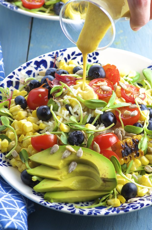 This rice salad is like summer in a plate. Grilled corn, fresh blueberries and juicy tomatoes make this salad a super flavorful side dish for any summer picnic or BBQ. You can have the leftover for lunch too!