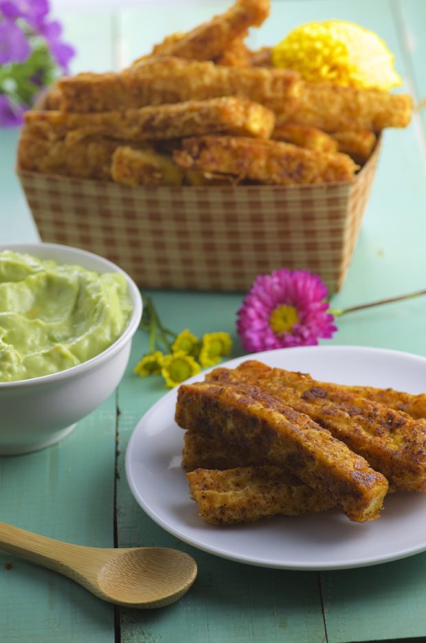 Tofu Fries with Avocado Crema. A tasty side dish or appetizer. High in protein and healthy fats from the avocado.