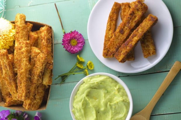 Tofu Fries with Avocado Crema. A tasty and satisfying side dish or appetizer. High in protein and healthy fat from the avocado crema.