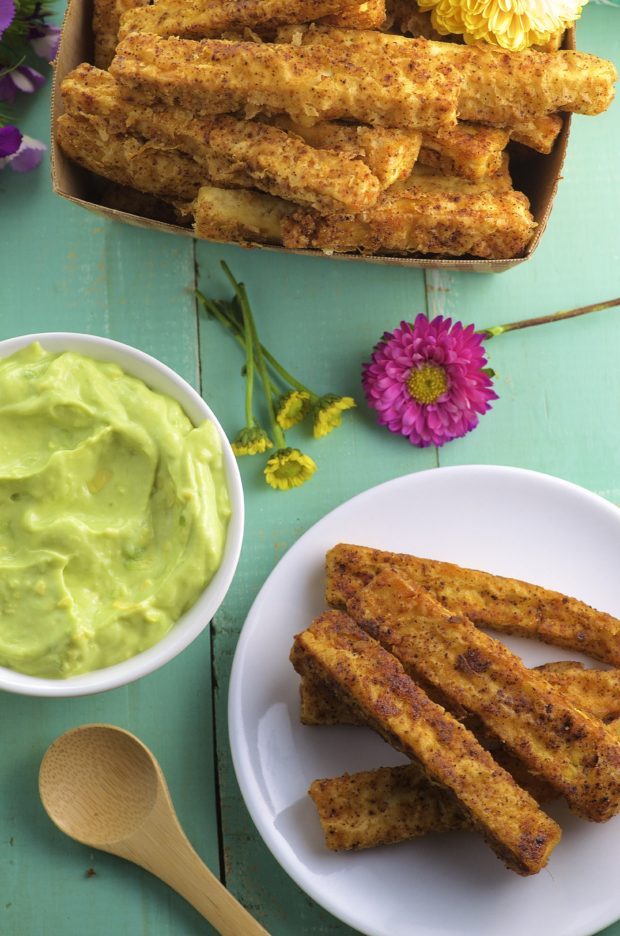 Tofu Fries with Avocado Crema. A tasty and satisfying side dish or appetizer. High in protein and healthy fat from the avocado crema.
