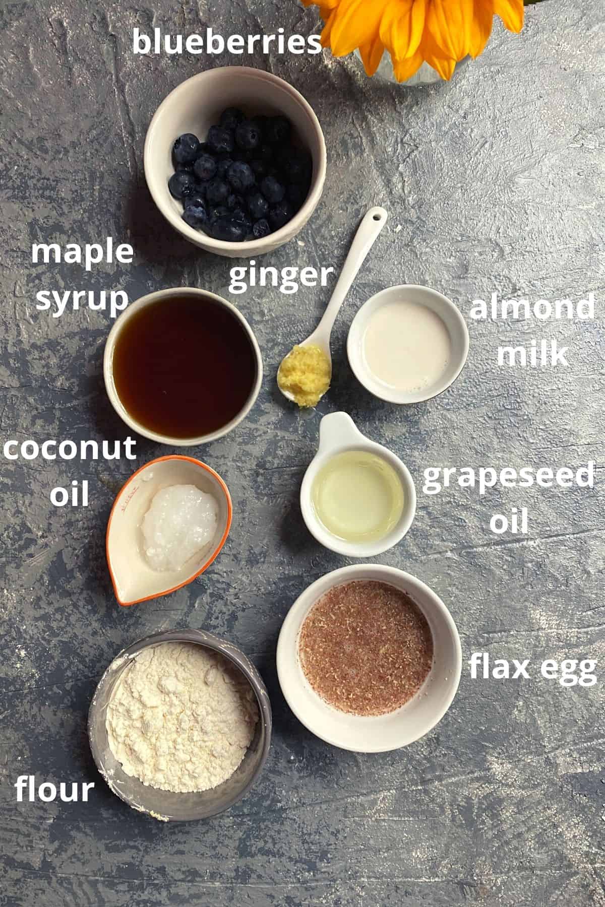 Overhead view of blueberry cornbread muffin ingredients. Blueberries, Maple Syrup, Ginger. Coconut oil, grapeseed oil, flax egg, flour, almond milk