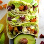 Beet and Sweet Potato Tacos - Nutty Corn tortillas are topped with creamy avocado, roasted beets, sweet potatoes, crunchy apples and if you choose to spice it up drizzle sriracha all over these fall tacos.