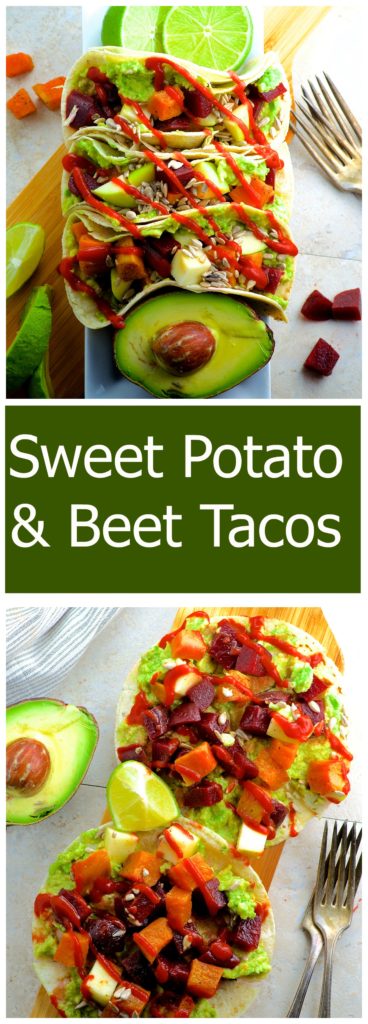 Beet and Sweet Potato Tacos - Nutty Corn tortillas are topped with creamy avocado, roasted beets, sweet potatoes, crunchy apples and if you choose to spice it up drizzle sriracha all over these fall tacos.