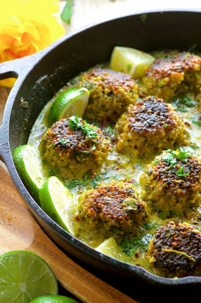 Cauliflower Quinoa Meatballs in Coconut Turmeric Broth - A great Vegetarian dinner idea and a great way to try some new spices.