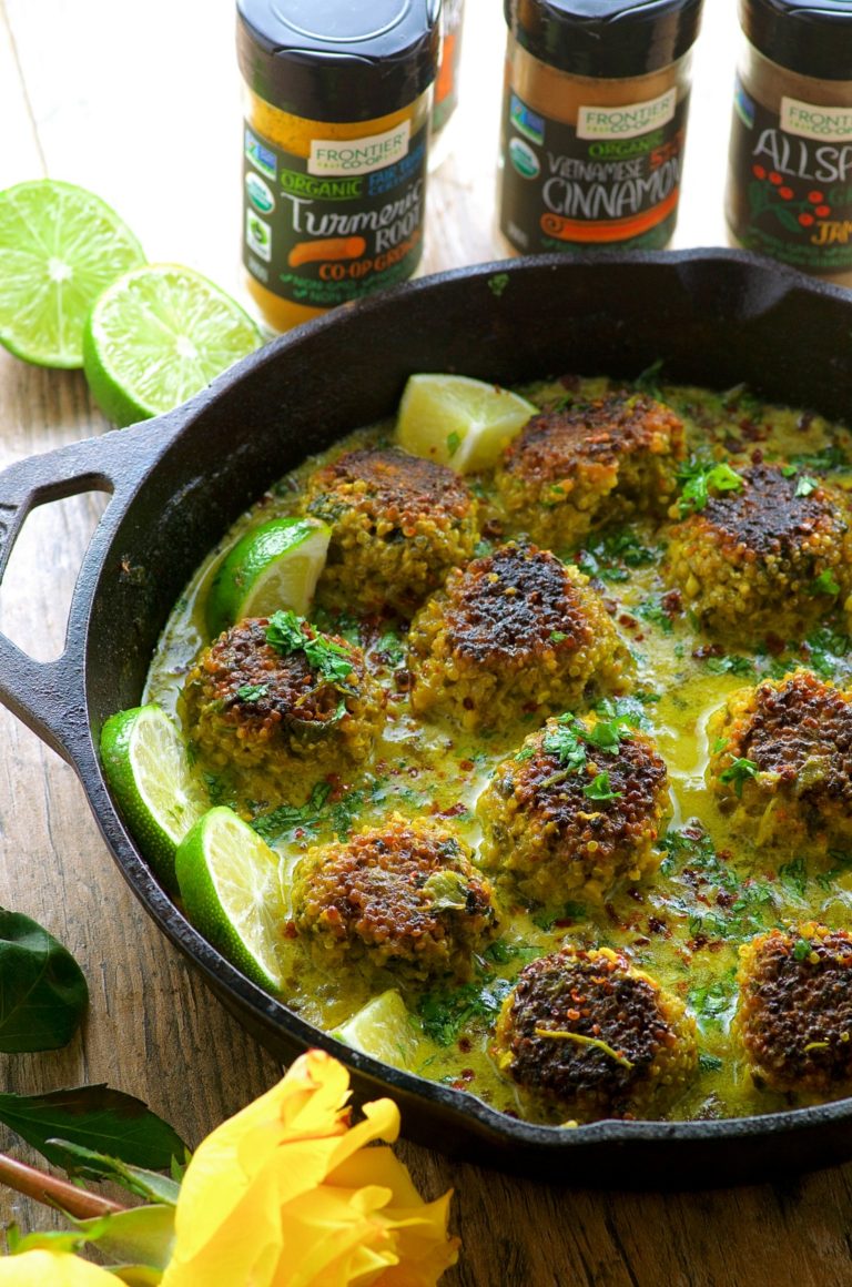 Cauliflower Quinoa Meatballs in Coconut Turmeric Broth - A great Vegetarian dinner idea and a great way to try some new spices.