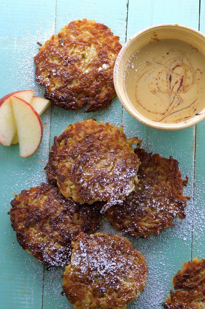 Apple potato latkes with Silan tahini sauce