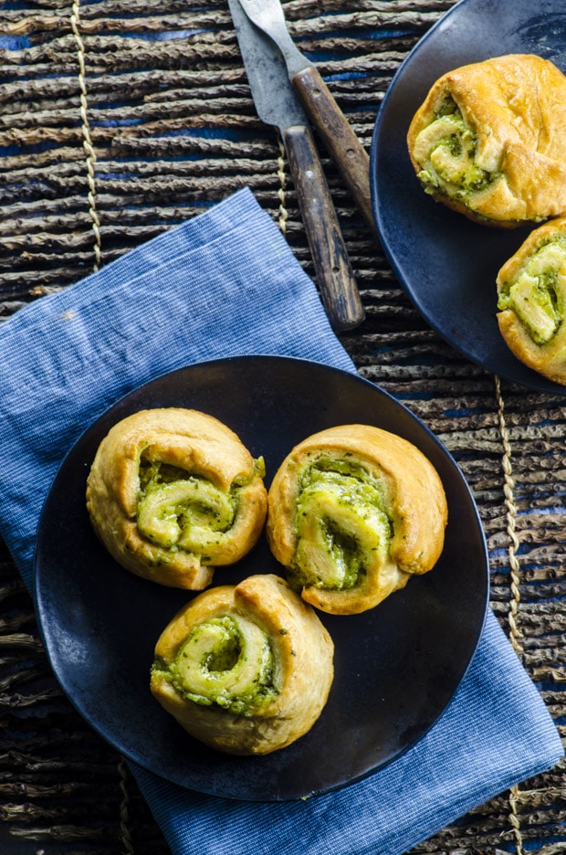 overhead view of cheese and pesto rolls
