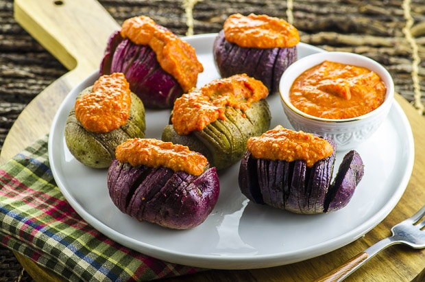 Grilled Tricolor Hasselback Potatoes with Romesco Sauce - May I Have ...