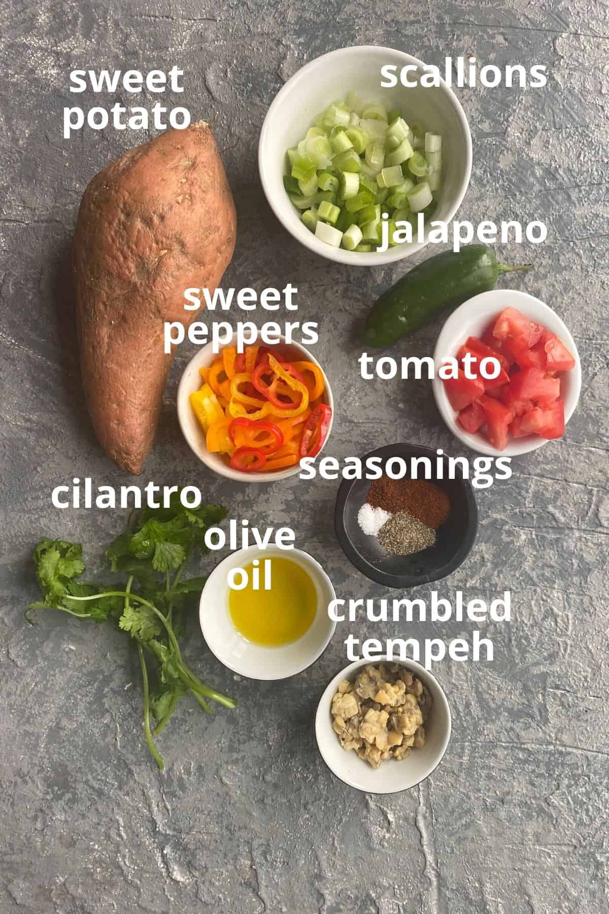 An overhead view of the ingredients to make loaded sweet potato fries; a sweet potato, scallions, tomato, sweet peppers, cilantro, olive oil, seasonings, crumbled tempeh