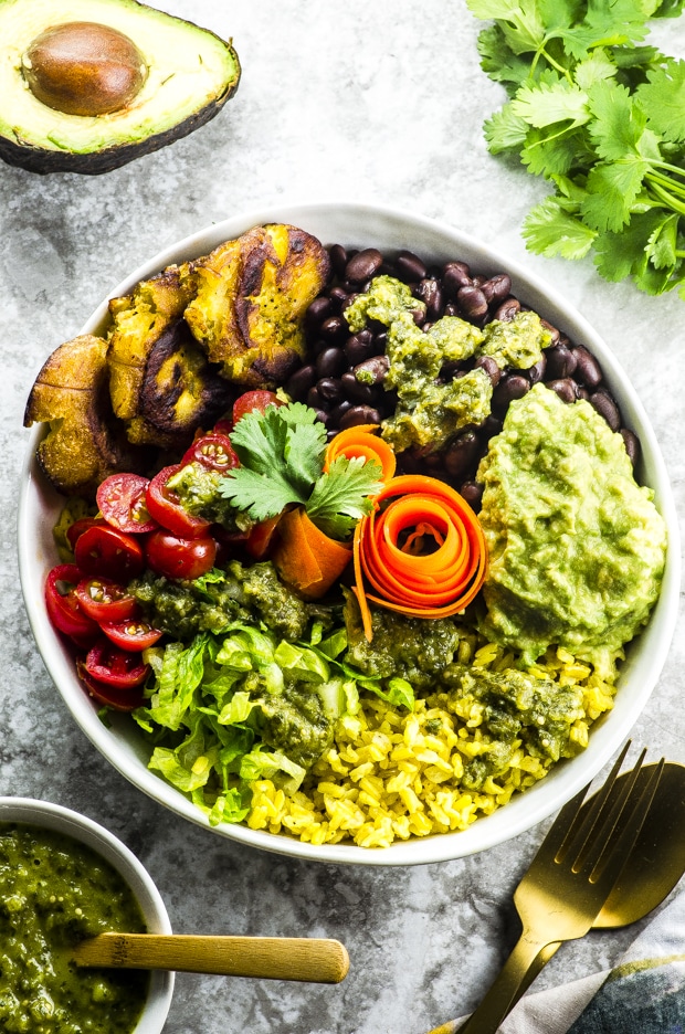 Yellow Rice Burrito Bowl with Tostones and Tomatillo Salsa Vegan, gluten free and full of fiber and nutrients... without the tortilla!