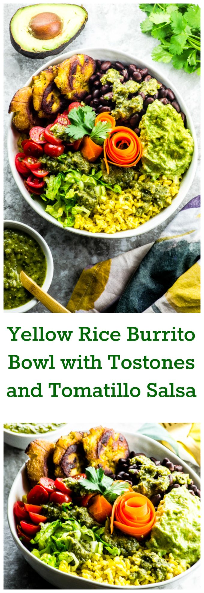 Yellow rice burrito bowl with tostones and tomatillo salsa - great Mexican inspired recipe - vegetarian, vegan , gluten free