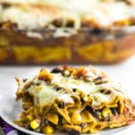 Your tastebuds will dance with this high protein Mexican lasagna that is bursting with flavor. This lasagna with keep you full and satisfied for hours. It can be made vegan or vegetarian.