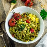 This Edamame Pasta With Chimichurri Sauce gives a nice protein boots and is a  great summery vegan dish. You can enjoy it cold or warm! We used roasted garlic for our chimichurri sauce, for a milder garlic flavor that doesn't stay with you all day.