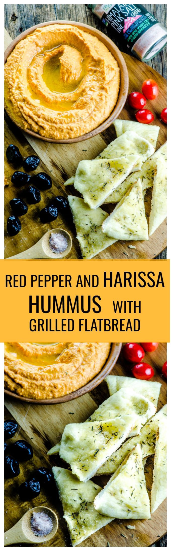 Get ready to entertain this summer with this Red Pepper and Harissa Hummus with Grilled Flatbread ! Brushed with olive oil, seasoned with Fine Grind Pink Himalayan Salt and a touch of thyme and grilled to perfection, this flatbread is a delicious "transportation device" for the flavored packed hummus.