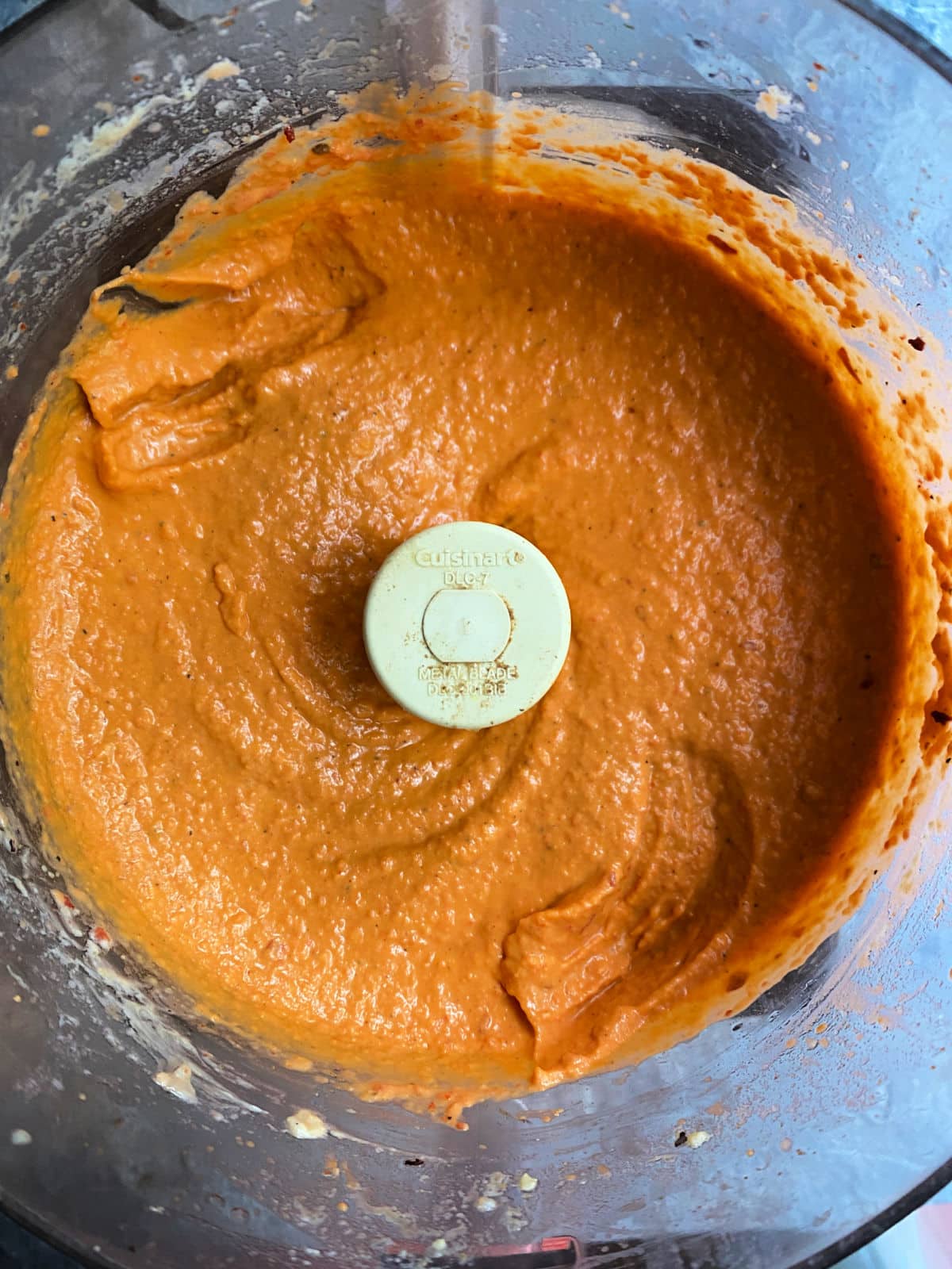 Roasted red pepper hummus in a food processor
