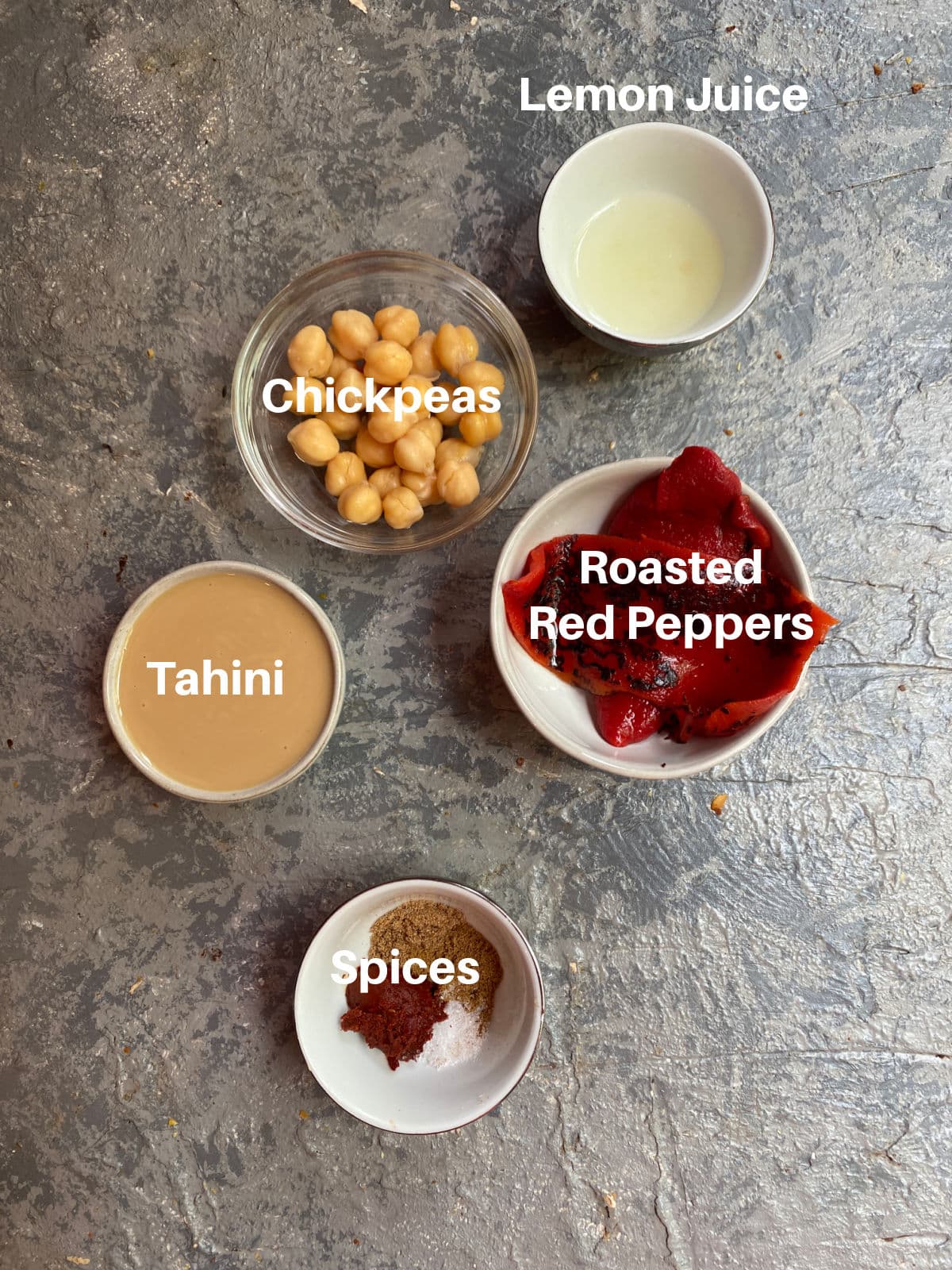 Roasted red pepper hummus ingredients labeled

