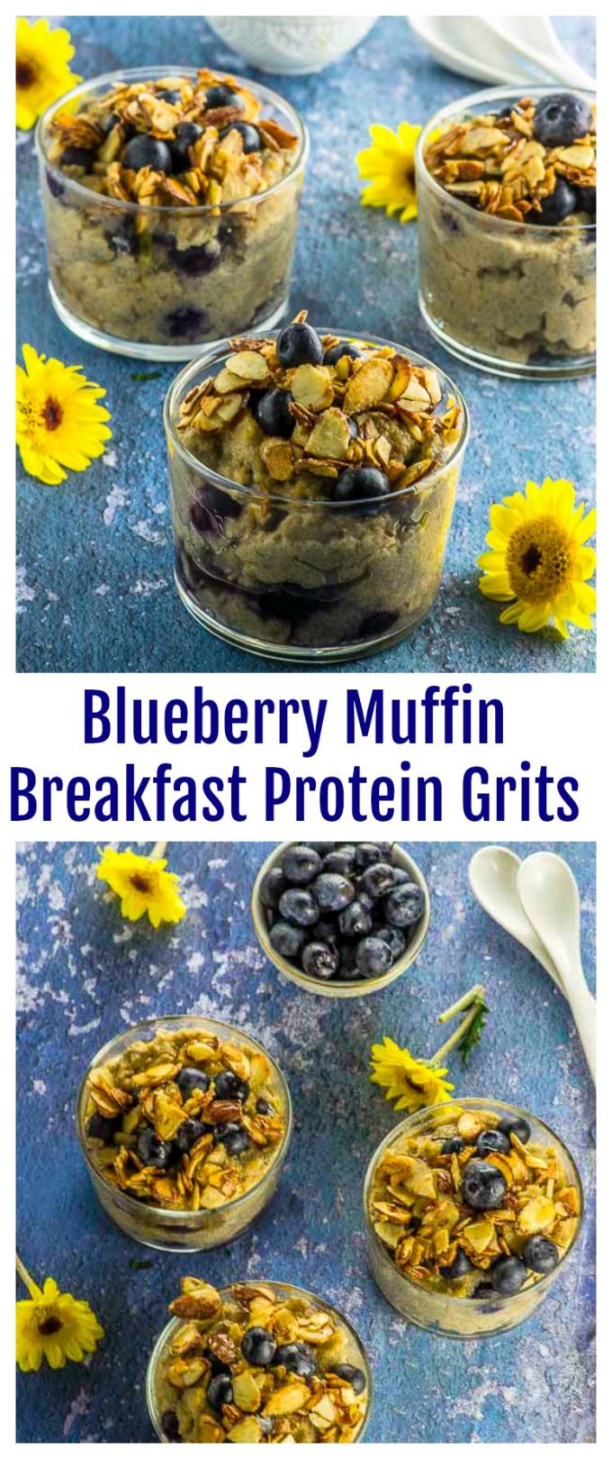 If you like protein oats (aka proats), you'll  love these Blueberry Muffin Protein Grits! Hearty and satisfying, with a hint of cinnamon and topped with maple toasted almonds, to start your day strong. Vegan and  gluten free. breakfast