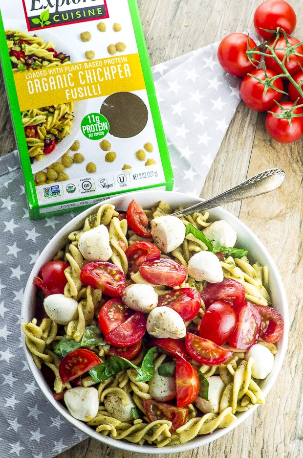 High Protein Caprese Pasta Salad - A light and fresh gluten free dish full of protein and fiber, perfect for lunch or as a light dinner this summer! It can also be made Vegan!