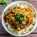 This super flavorful vegan chickpea curry with eggplant makes a spiced, warm light dinner that will keep you satisfied after a long day at work.