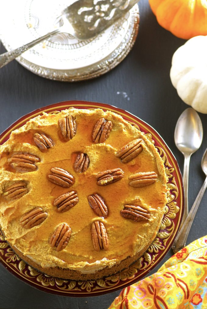bird's eye view of a pumpkin pie mousse topped with pecans