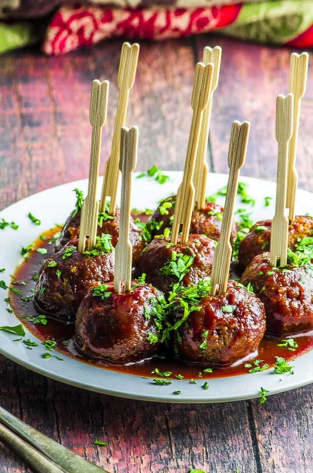 Side View of a plate with veggie meatballs on toothpicks