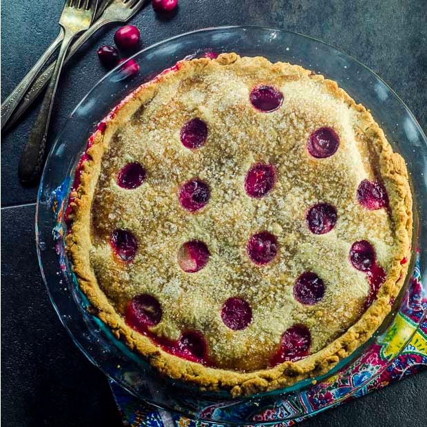 Bird's eye view of a cranberry pear pie