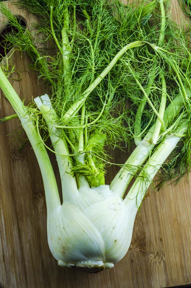 A whole fennel bulb on a wood cutting board