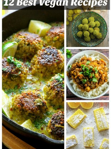 A Collage of 4 vegan recipes. Quinoa meatballs with coconut, turmeric sauce, baked falafel, Chickpea curry and vegan lemon bars