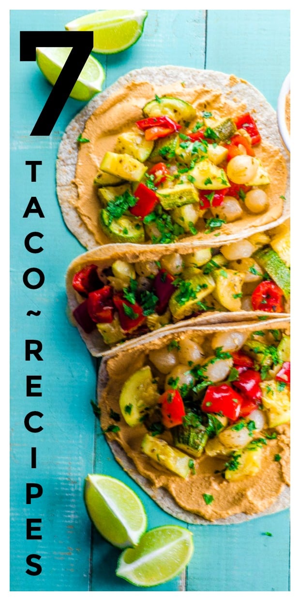 three roasted vegetable and chipotle hummus vegan tacos on a teal colores wooden surface. There are 4 lime slices 2 on top of the images and 2 at the bottom. The is vertical lettering that reads 7 taco recipes,