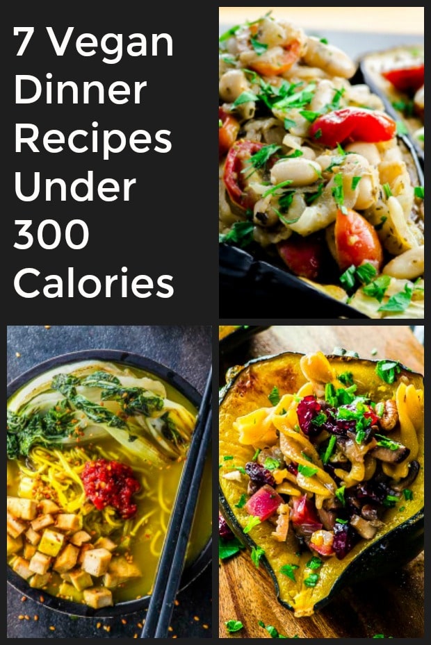 A collage of threes mages tittle 7 Vegna Recipes under 300 calories. Vegan stuffed eggplant, vegan stuffed acorn squash and immune boosting ramen noodle soup