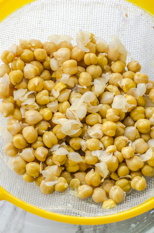 Canned chickpeas in a colander