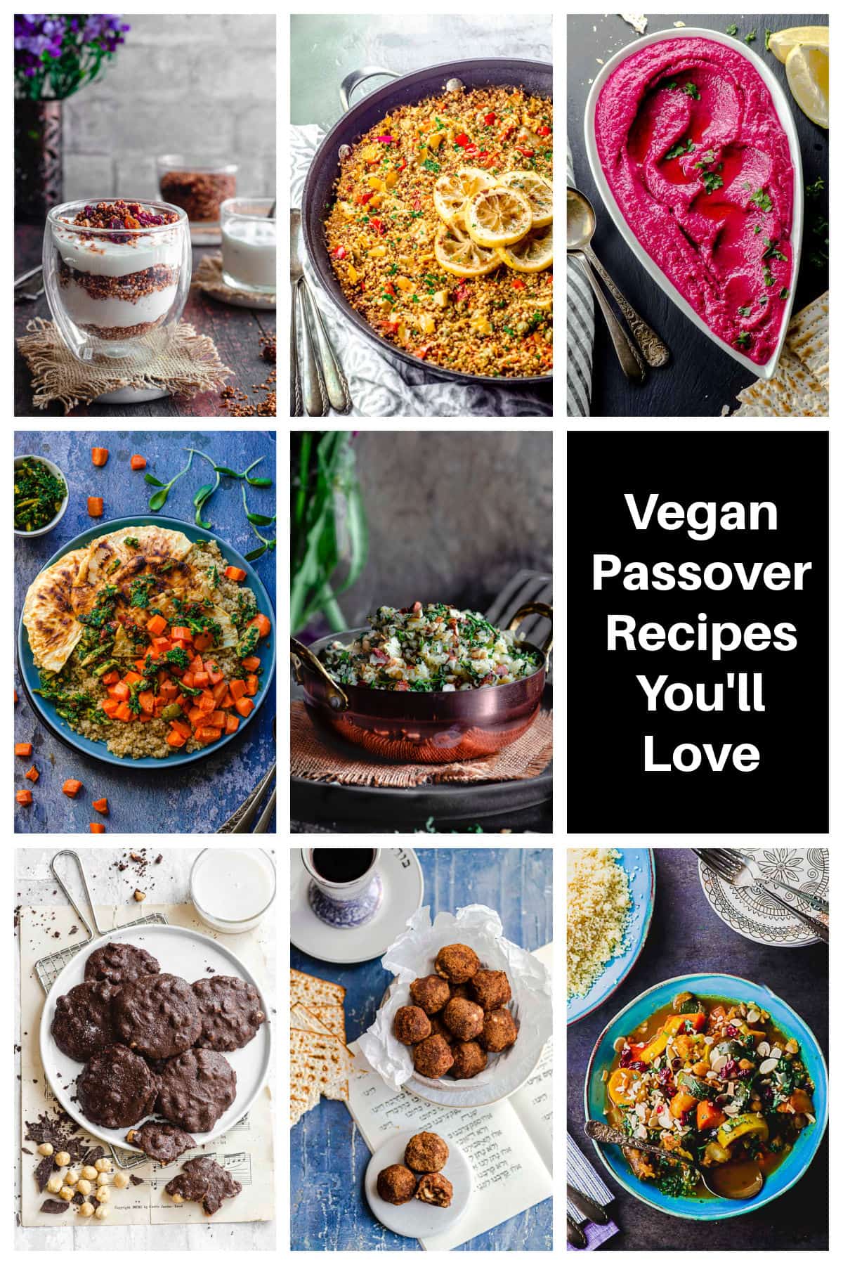 a collage of vegan passover recipes