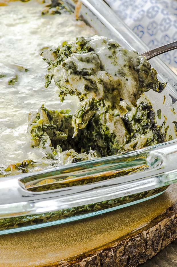 close up of high protein spinach pasta bake in a rectangular clear baking dish, on a round wooden board on a blue and white patterned cloth napkin, being spooned out of the dish