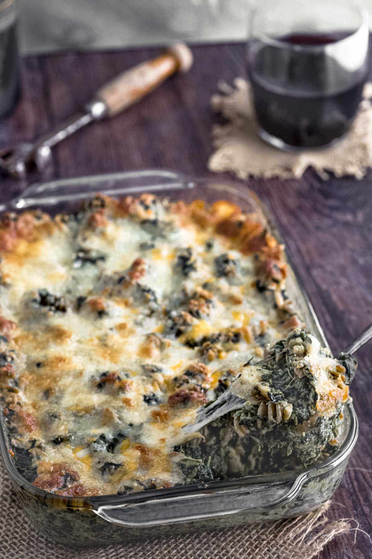 side view of high protein creamed spinach pasta bake