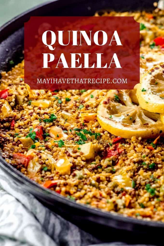 A close up view of quinoa paella in a skillet
