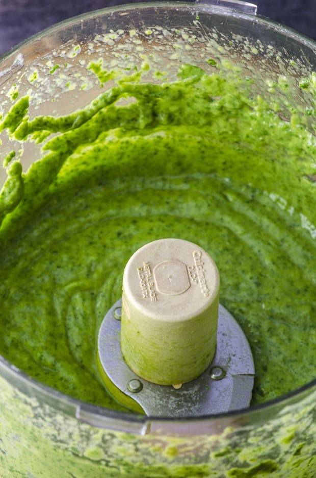 Avocado- Cilantro green dressing in a food processor