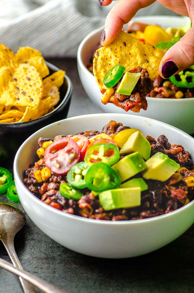 two plates of black bean chili