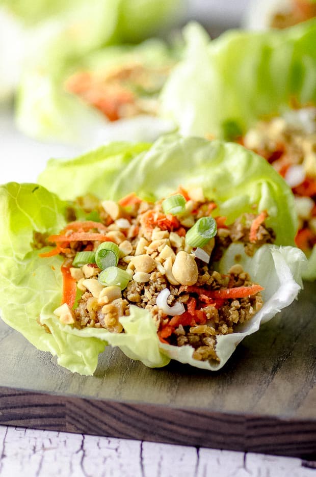 a close up view of a vegan lettuce wrap