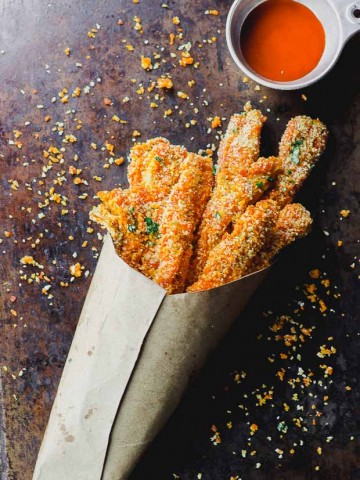 Buffalo Eggplant fries in a paper cone