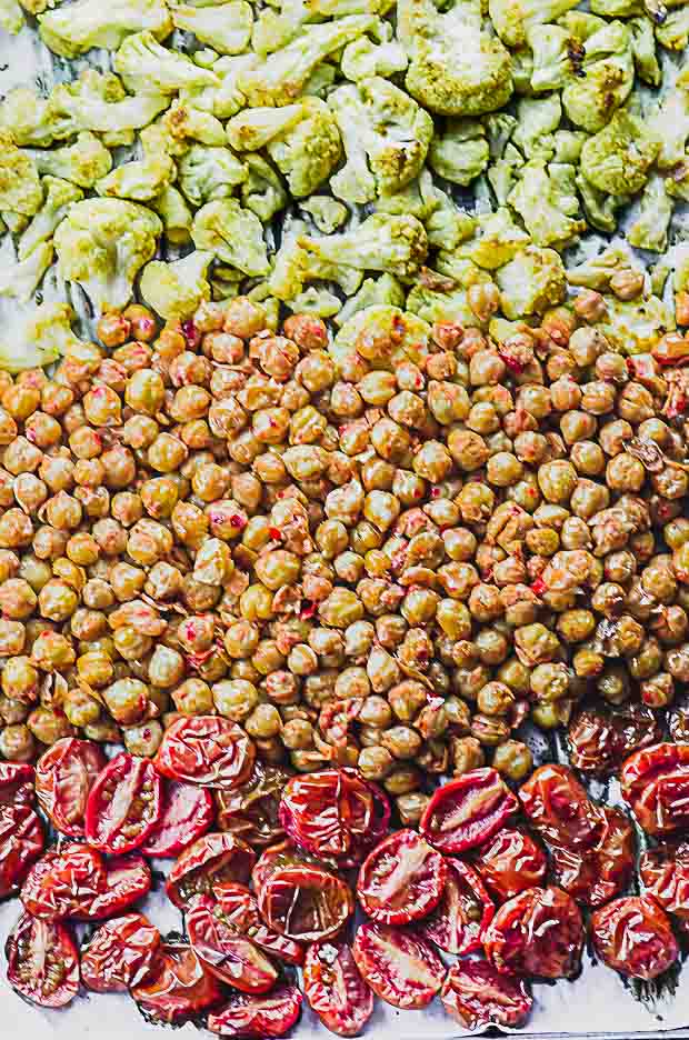 baked sheet pan for roasted chickpeas and cauliflower bowl