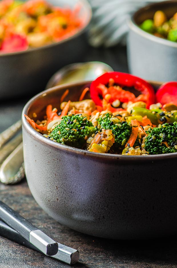 A close up view of a bowl of Veggie Loaded Quinoa Fried Rice