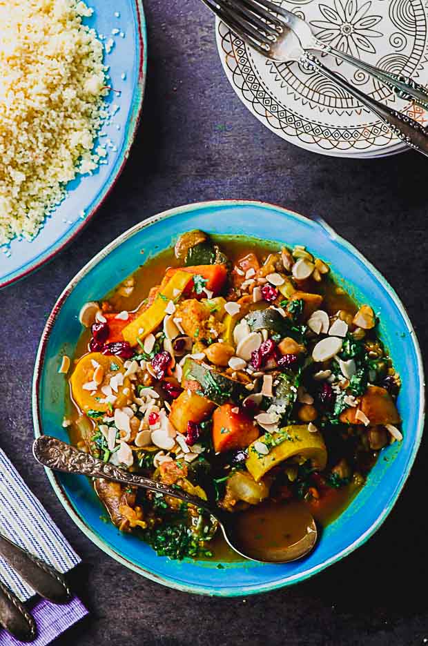 Bird's eye view of a plate of Moroccan vegetable stew.One of our vegetarian Passover recipes.