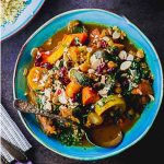 Bird's eye view of a plate of Moroccan vegetable stew