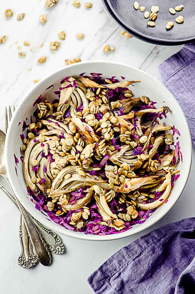 Bird's eye view of a red cabbage and roasted fennel salad