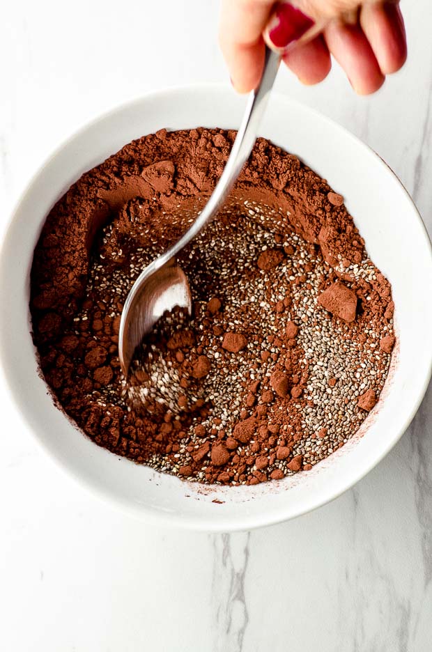 Mixing Chia seeds and cocoa powder to make chia seed pudding