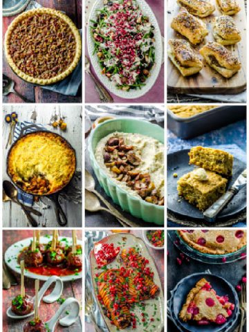 A collage of images of vegan thanksgiving dishes