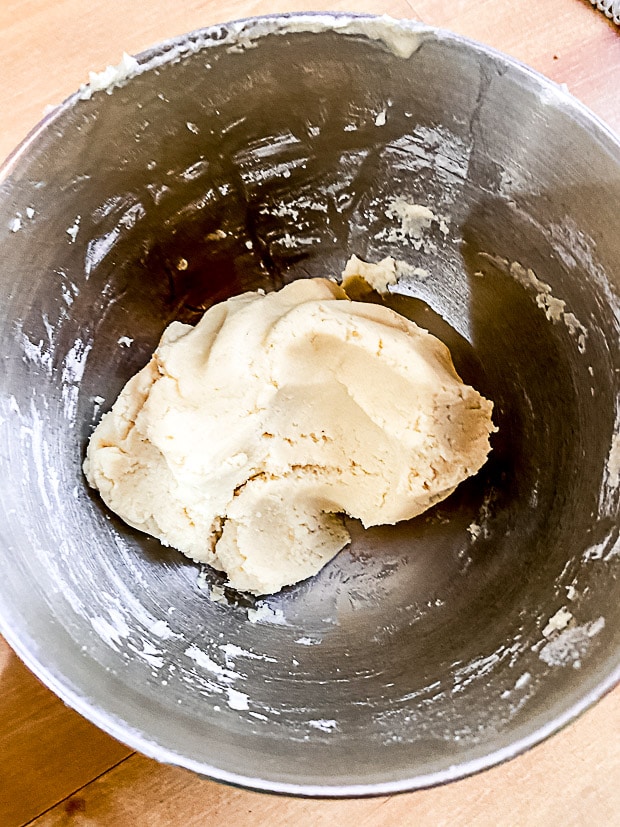 Vegan butter cookie dough in the mixer bowl