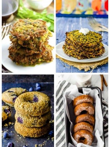 A collage image of the donuts and latkes for hannukah